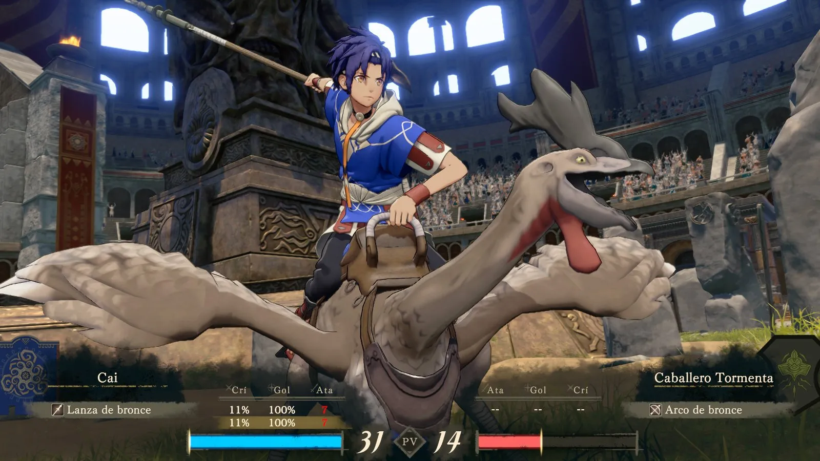 Un personaje de pelo azul con lanza sobre un coliseo en Fire Emblem: Fortune's Weave