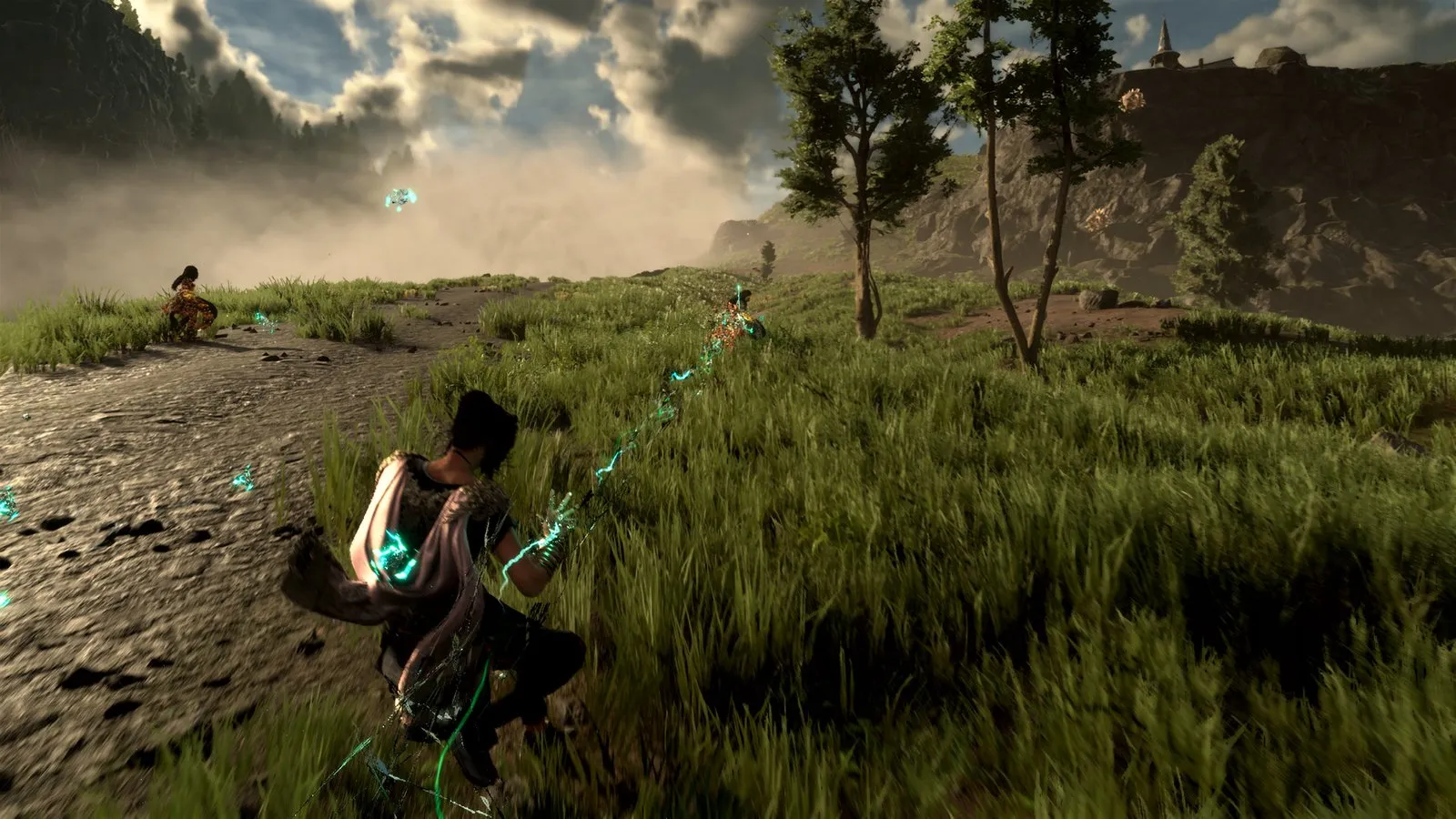Frey corre por una ladera verde dejando estelas de magia en Forspoken