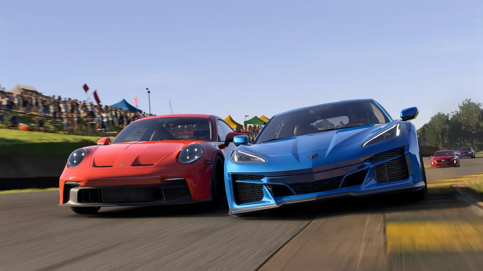Un Porsche 911 GT3 rojo y un Corvette azul luchan rueda a rueda en un circuito en Forza Motorsport