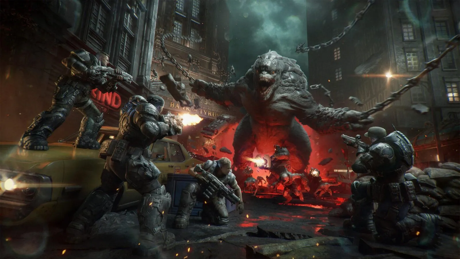 El escuadrón se enfrenta a un Brumak en una calle de Kalona en Gears of War: E-Day