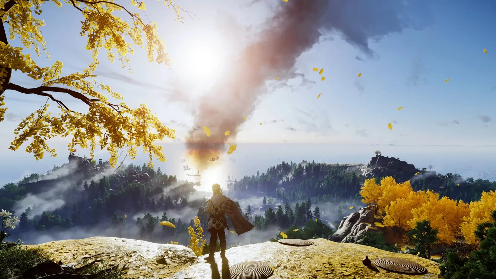 Jin observa la isla de Tsushima desde un acantilado con hojas doradas al viento en Ghost of Tsushima Director's Cut