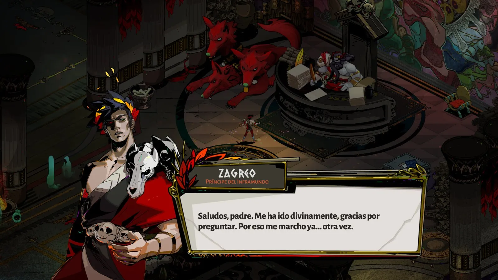 Zagreo conversa con su padre, Hades, en la Casa del Inframundo en Hades