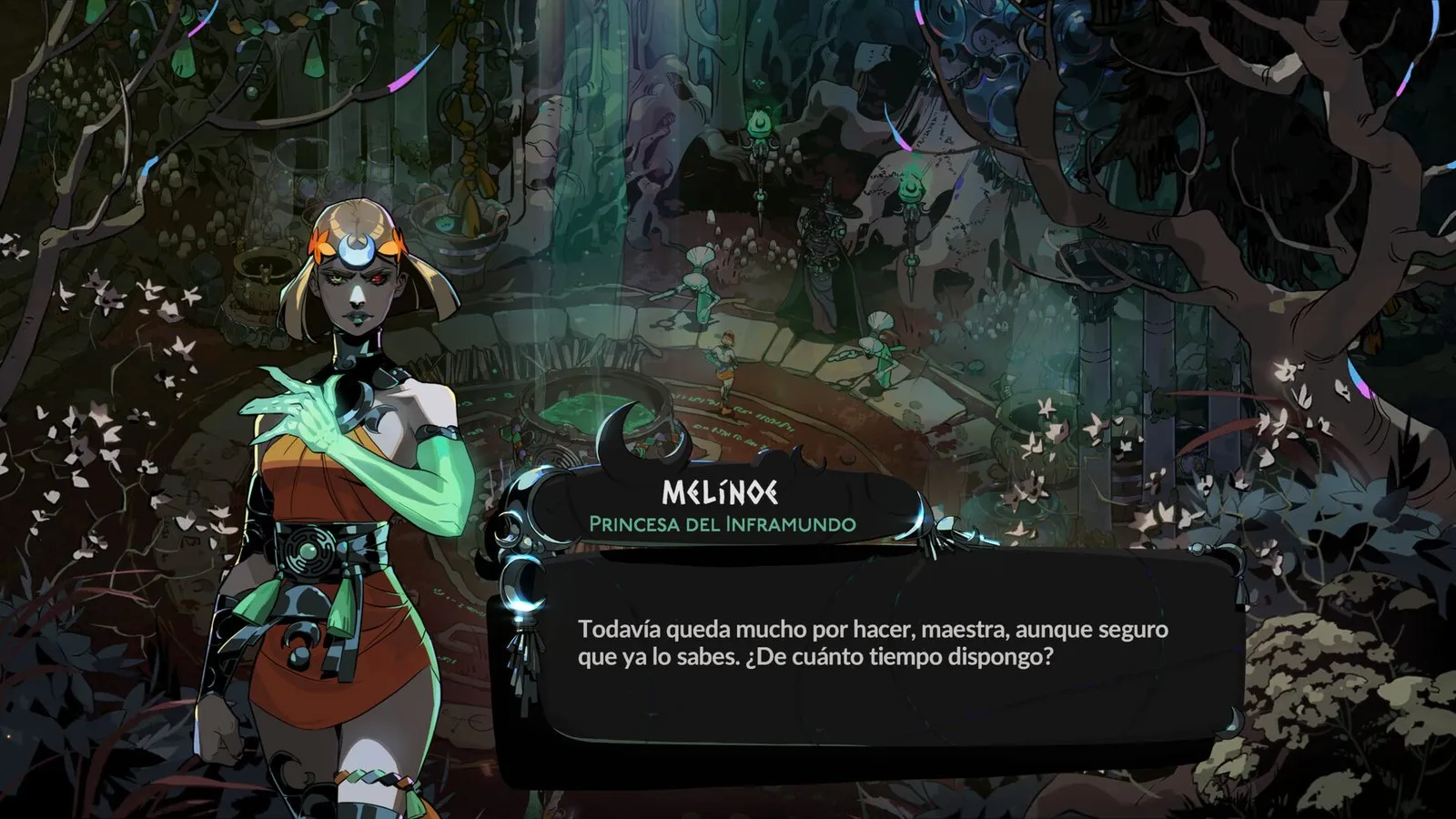 Melínoe habla con su maestra en la Encrucijada en Hades II