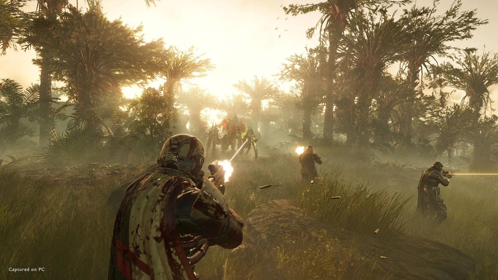 Una escuadra avanza por un bosque al atardecer con un Helldiver en primer plano en HELLDIVERS 2