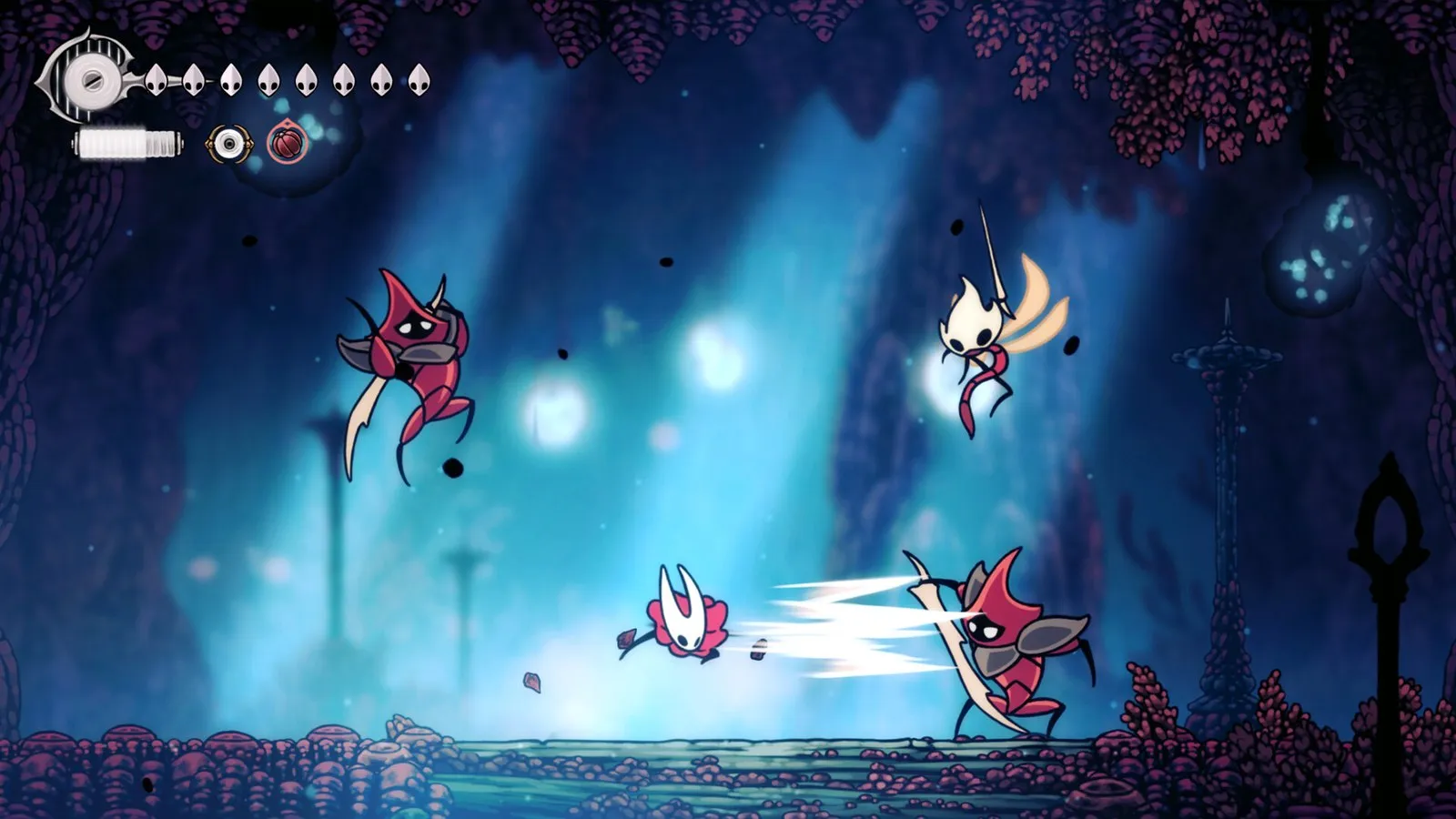 Hornet esquiva a insectos rojos armados en una cueva azul de aguas luminosas en Hollow Knight: Silksong