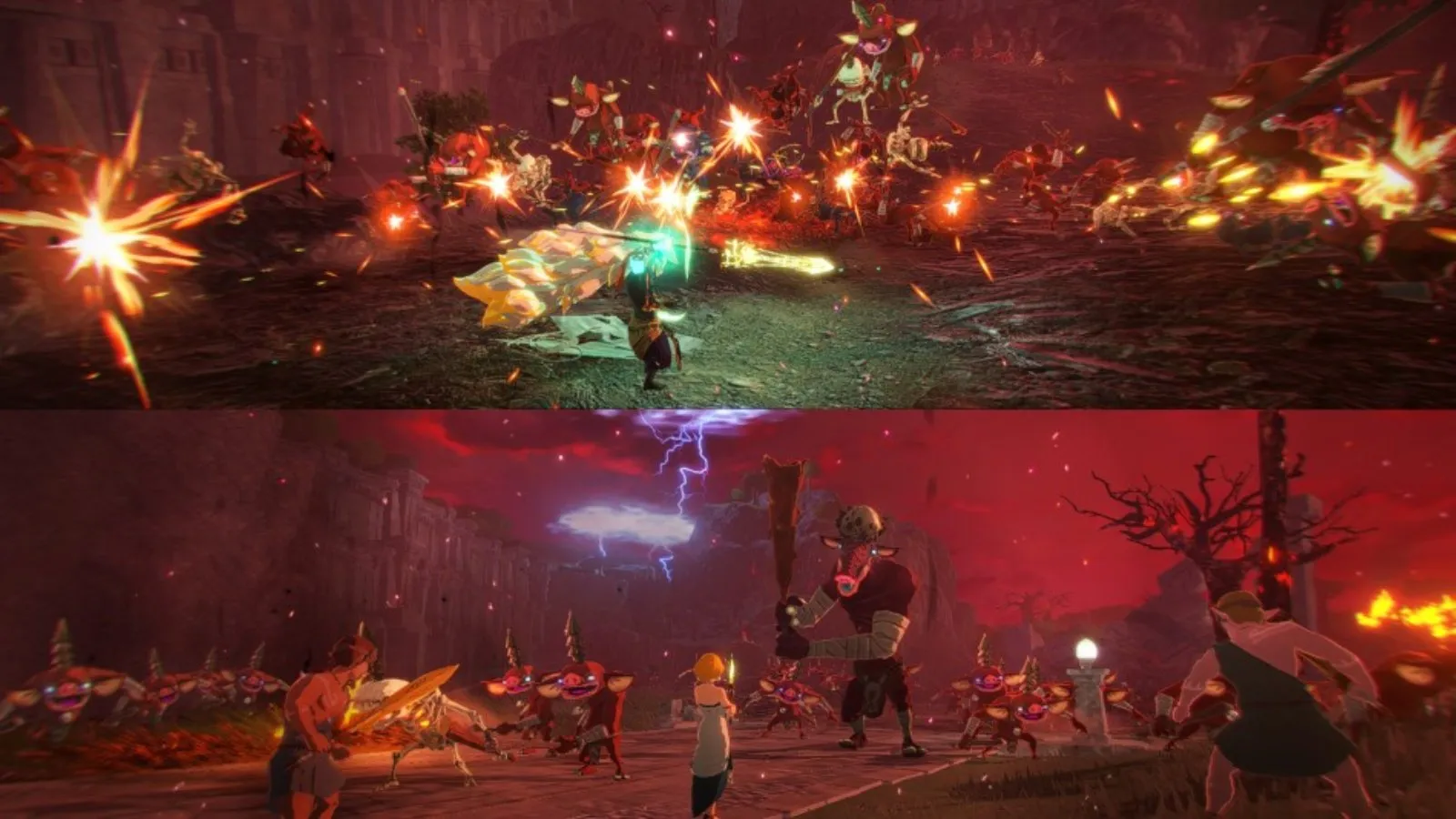 Un ejército combate bajo un cielo rojizo en Hyrule Warriors: La era del destierro