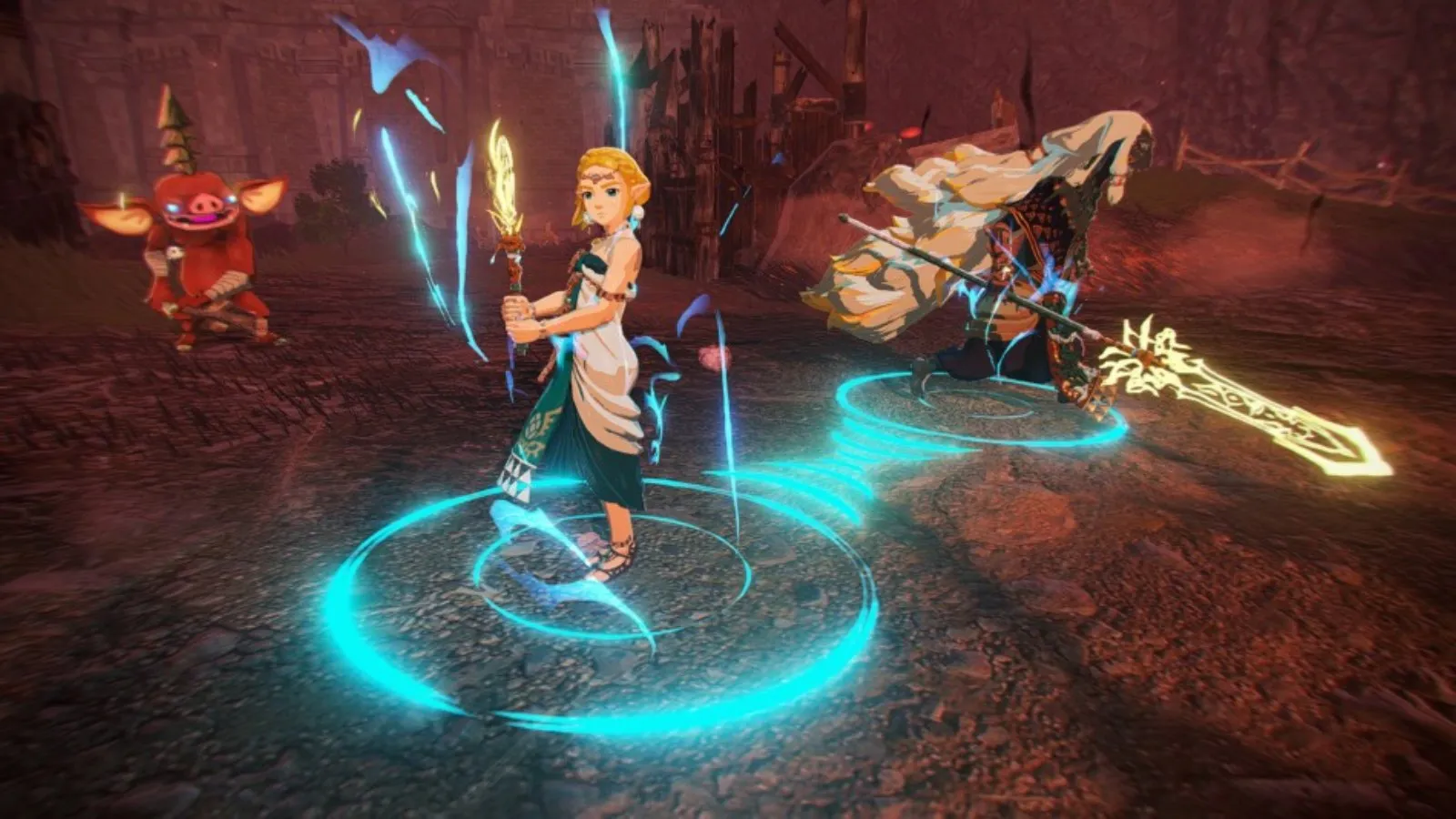 Zelda carga un ataque de luz en un campo de batalla en Hyrule Warriors: La era del destierro