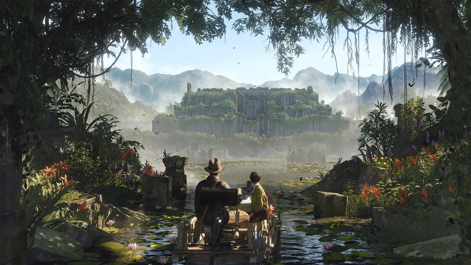 Indy y Gina navegan en una barca por un río de la selva hacia un templo en Indiana Jones y el Gran Círculo