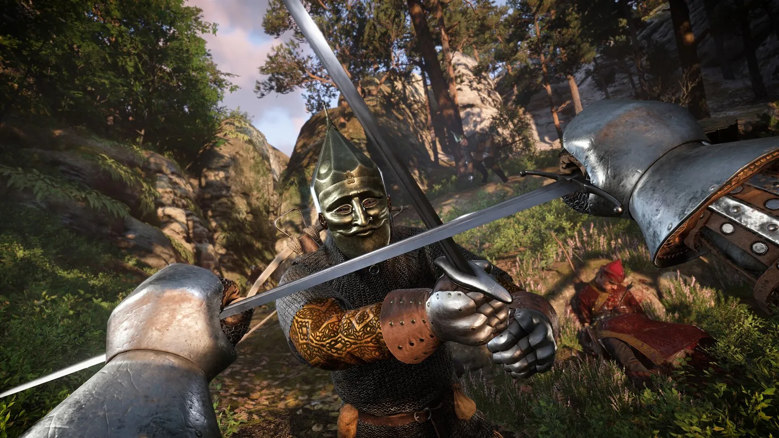 Un caballero con yelmo de visera combate a espada contra Henry en primera persona en un bosque en Kingdom Come: Deliverance II