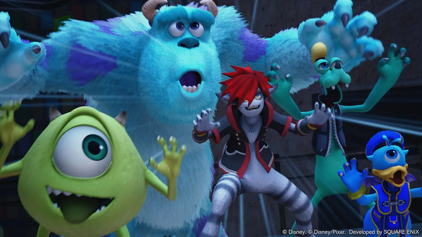 Sora, Mike y Sulley en el mundo de Monstruos S.A. de Kingdom Hearts III