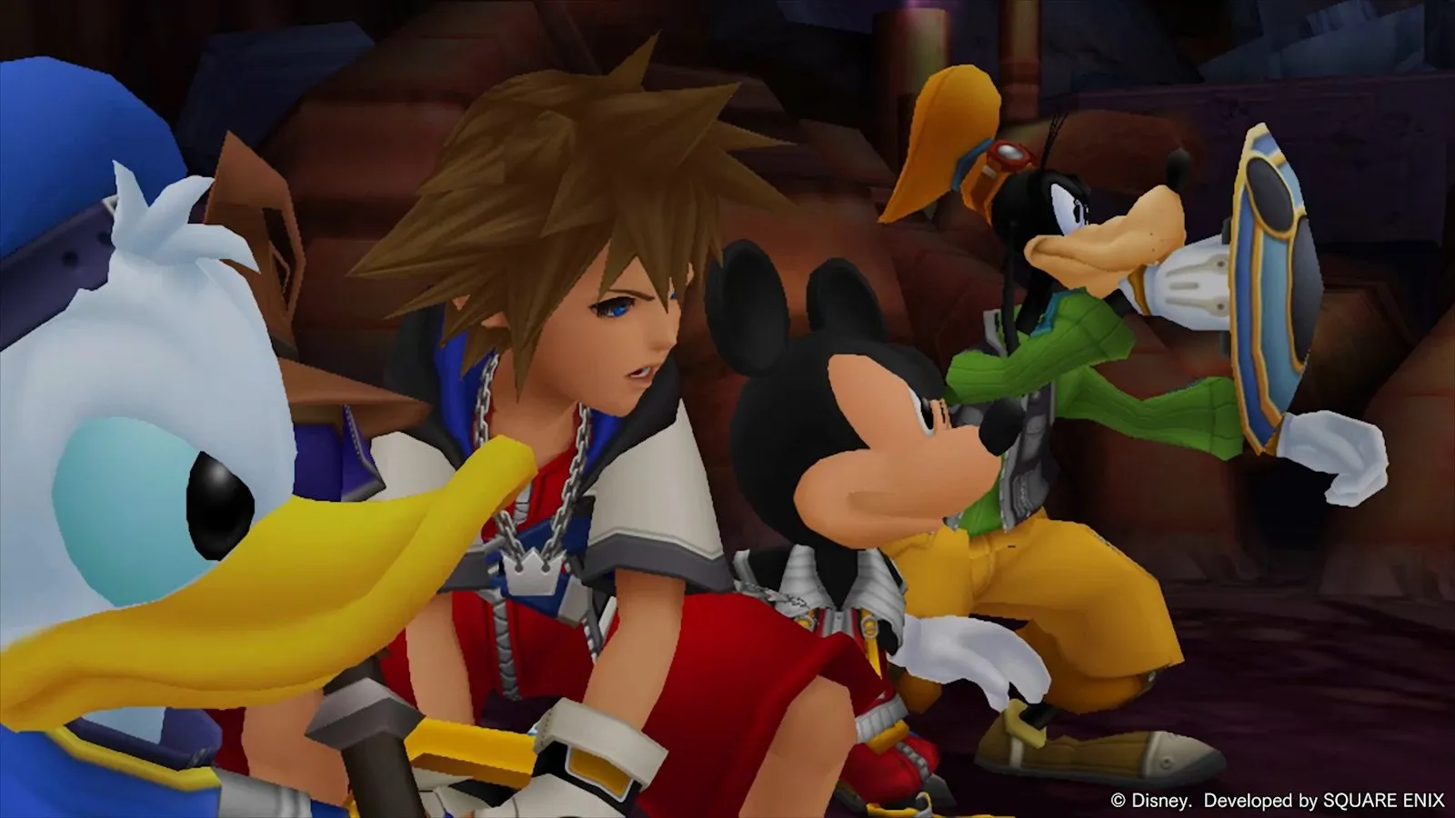 Sora, Donald y Goofy en una escena del primer Kingdom Hearts en Kingdom Hearts Collection [I〜III]