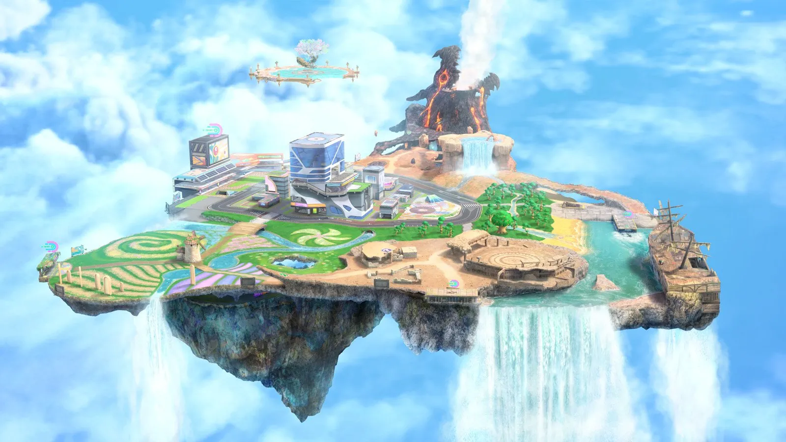 Una isla flotante con ruinas y vegetación, escenario de Kirby Air Riders