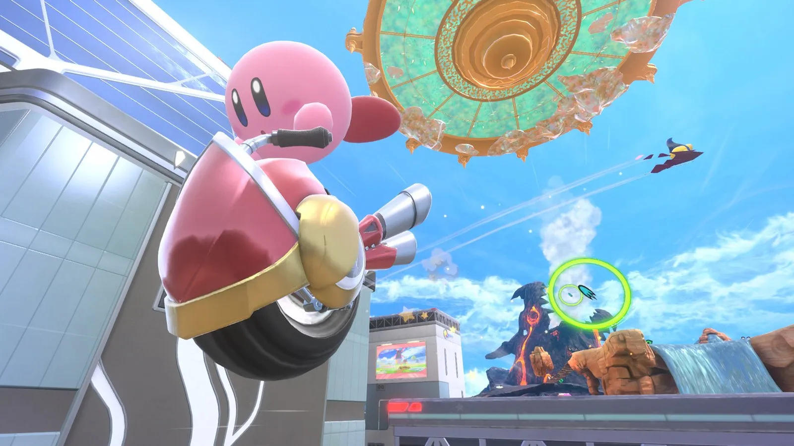 Kirby y el Rey Dedede vuelan sobre máquinas por una pista aérea en Kirby Air Riders