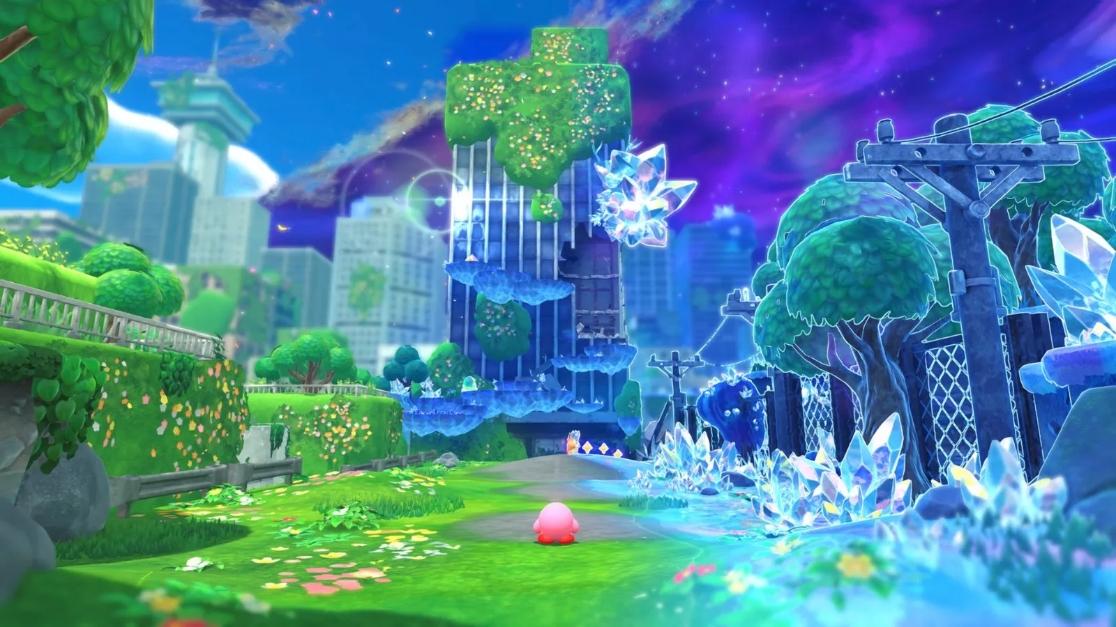 Un bosque con cristales y estructuras en el nuevo mundo de Kirby y la tierra olvidada