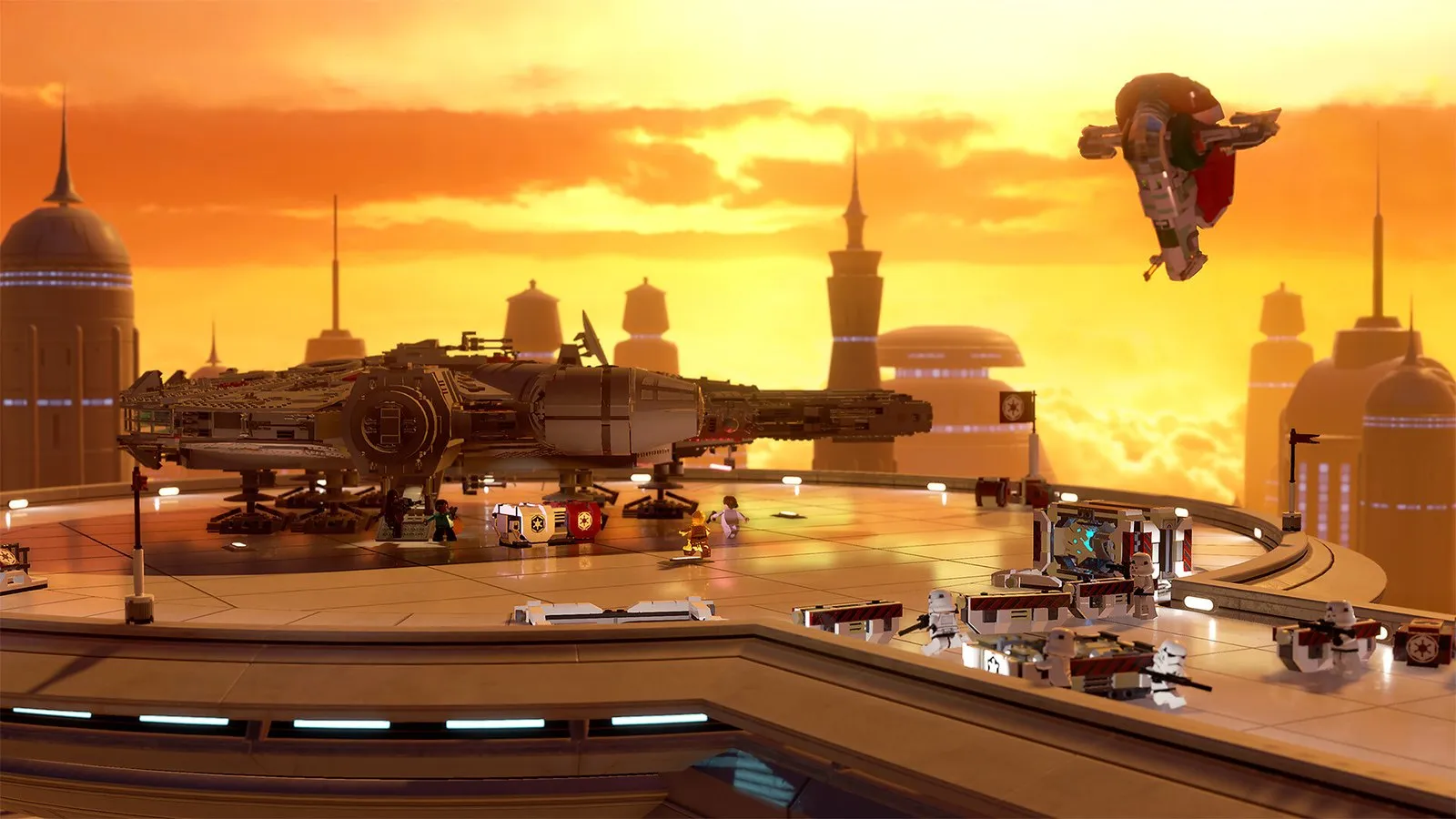 El Halcón Milenario de LEGO aterriza en una plataforma de Bespin al atardecer en LEGO Star Wars: La Saga Skywalker