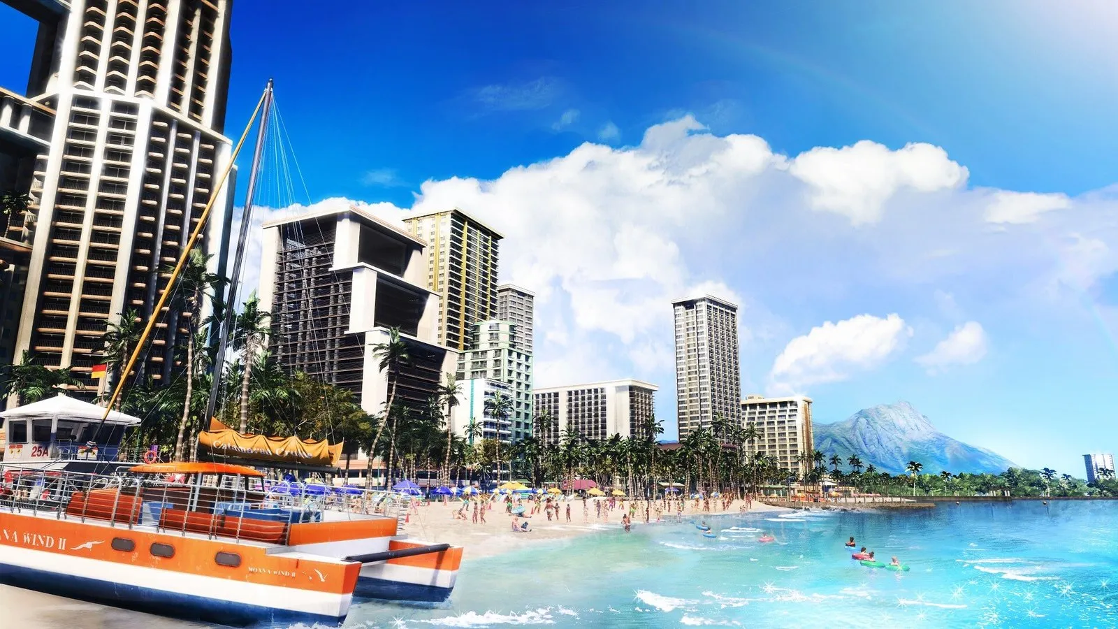 La playa y los rascacielos de Honolulu bajo un cielo azul en Like a Dragon: Infinite Wealth