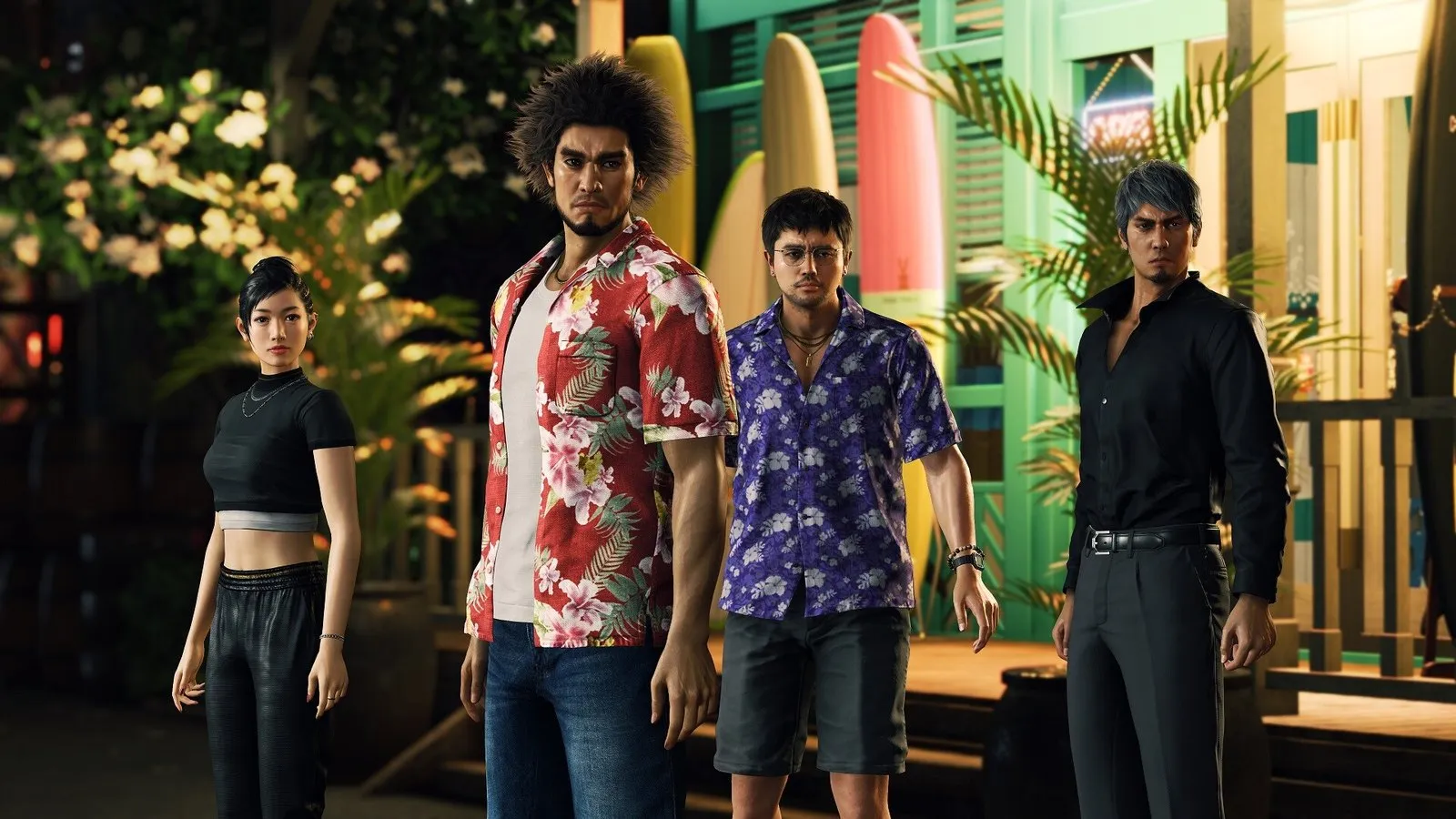 Ichiban Kasuga y sus compañeros, con camisas hawaianas, caminan de noche por Honolulu en Like a Dragon: Infinite Wealth