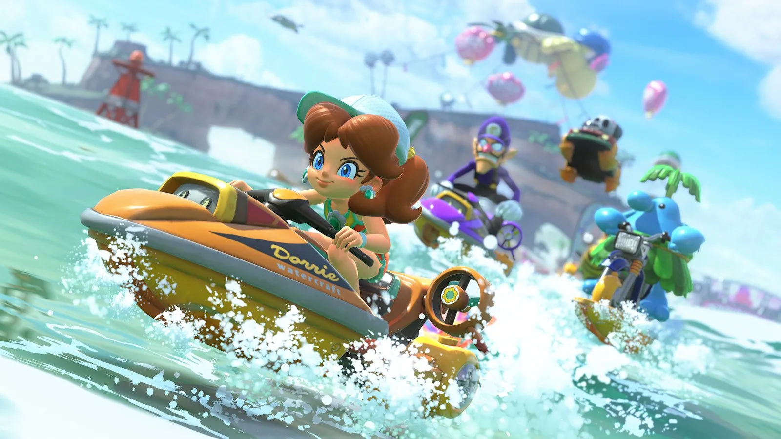 Daisy pilota una moto acuática entre otros corredores en Mario Kart World