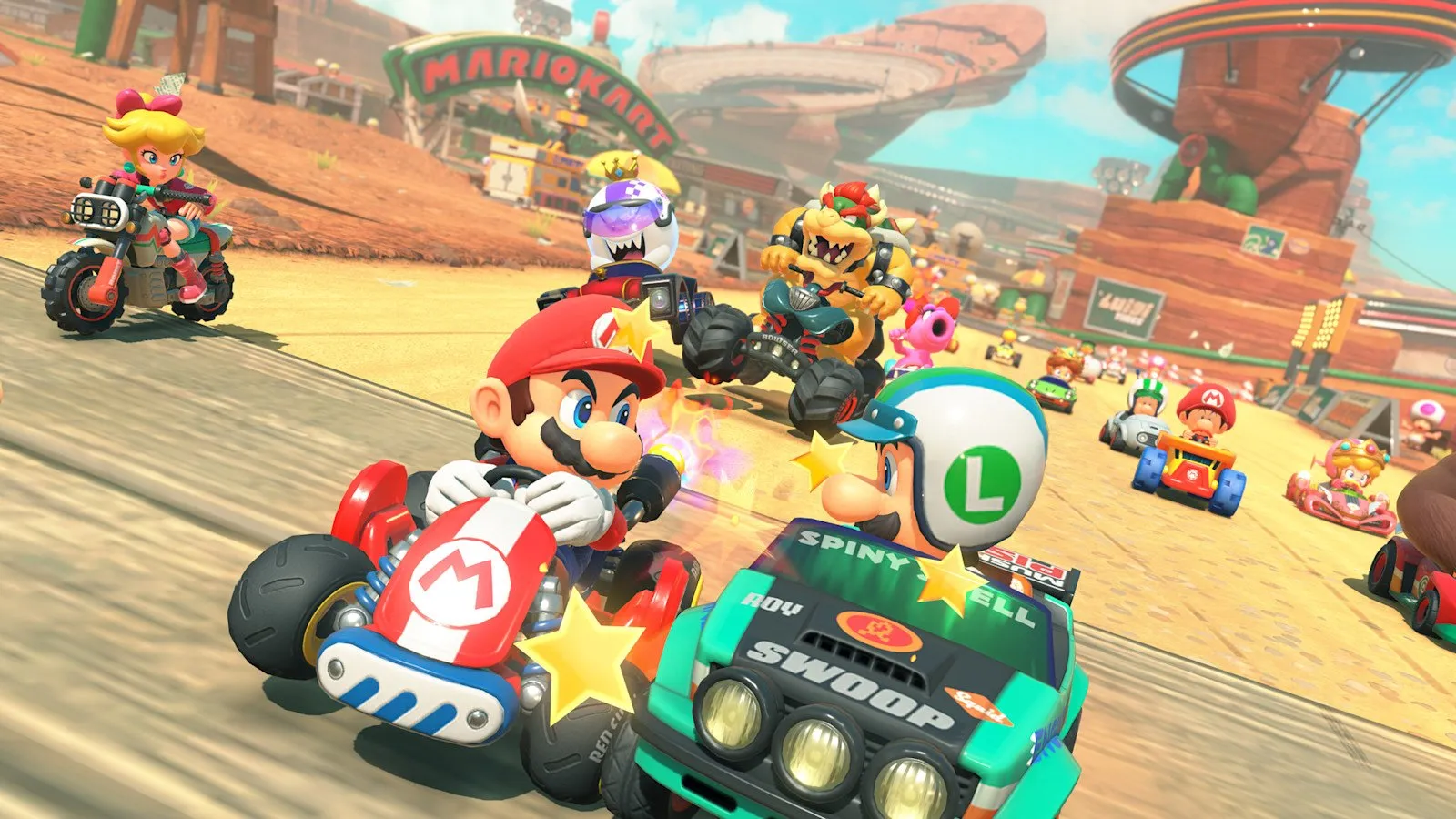 Mario y Luigi en moto, en plena carrera con otros corredores en Mario Kart World
