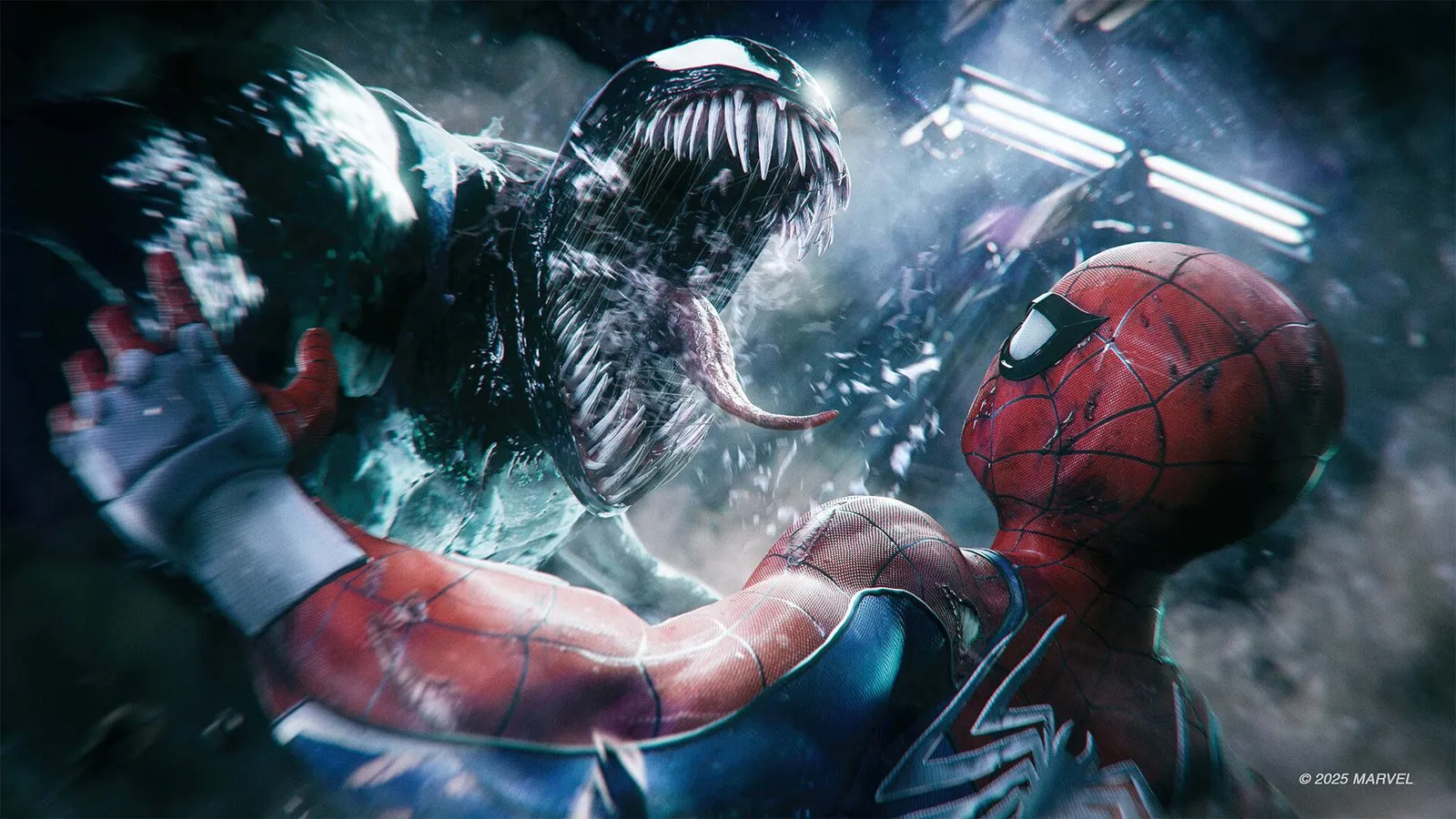 Venom ruge frente a Spider-Man agarrándolo del cuello en Marvel's Spider-Man 2