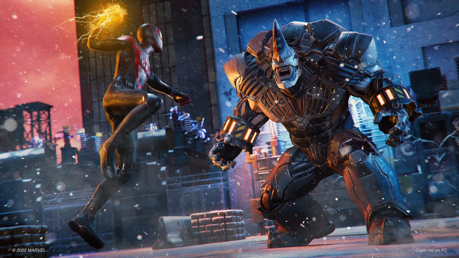 Miles Morales se enfrenta a Rhino en una calle nevada de Harlem en Marvel's Spider-Man: Miles Morales