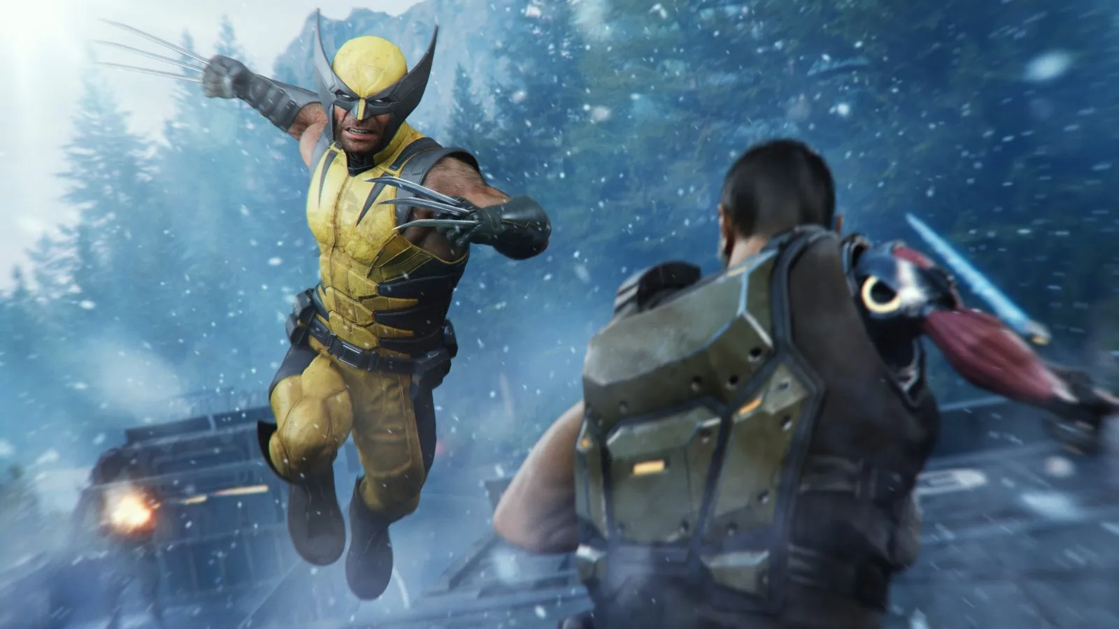 Lobezno salta con las garras extendidas sobre un paisaje nevado en Marvel's Wolverine