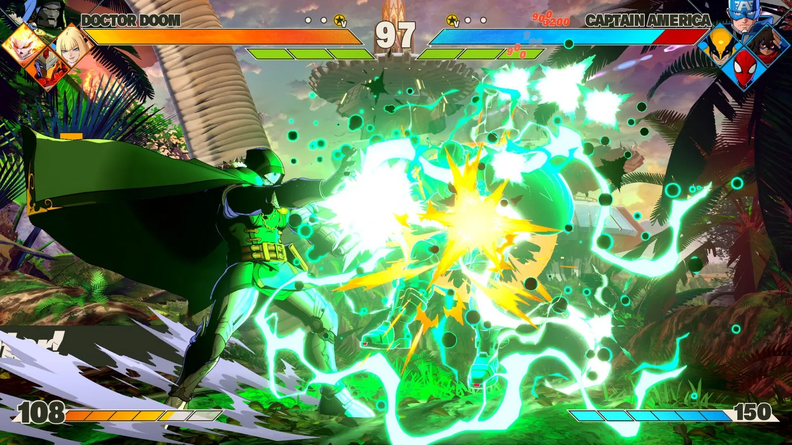 Un ataque eléctrico verde ilumina a dos luchadores en pleno combate en MARVEL Tōkon: Fighting Souls