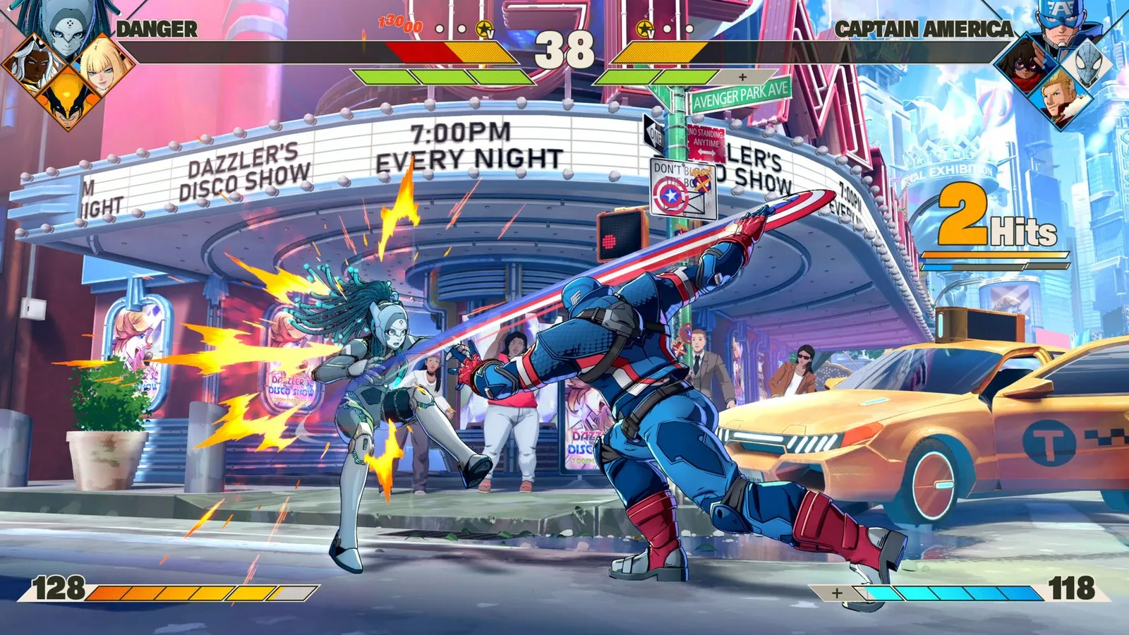 Capitán América y Tormenta combaten frente a un cine de Nueva York en MARVEL Tōkon: Fighting Souls