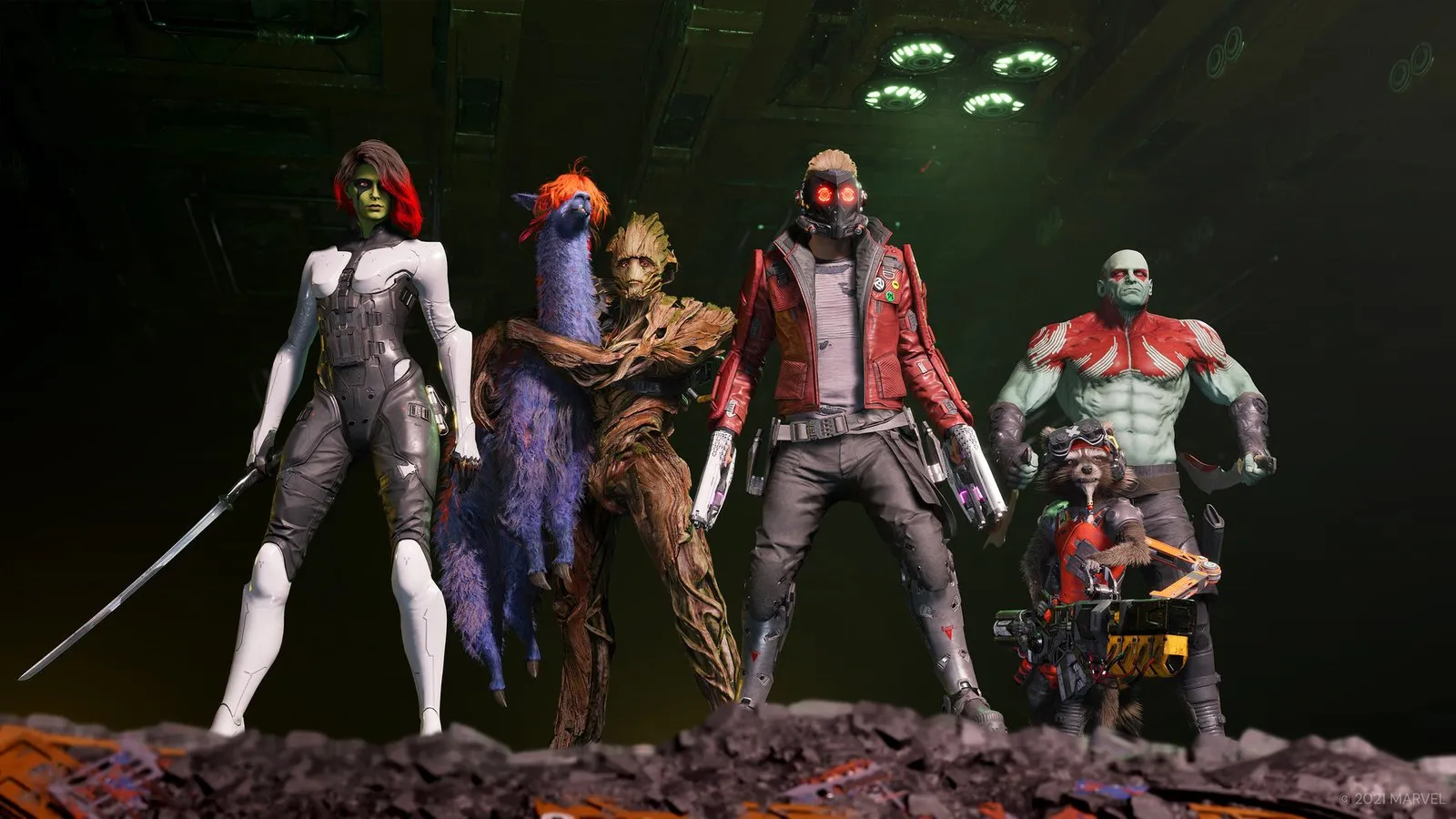 Gamora, Groot, Star-Lord, Rocket y Drax posan en fila con sus armas en Marvel's Guardians of the Galaxy