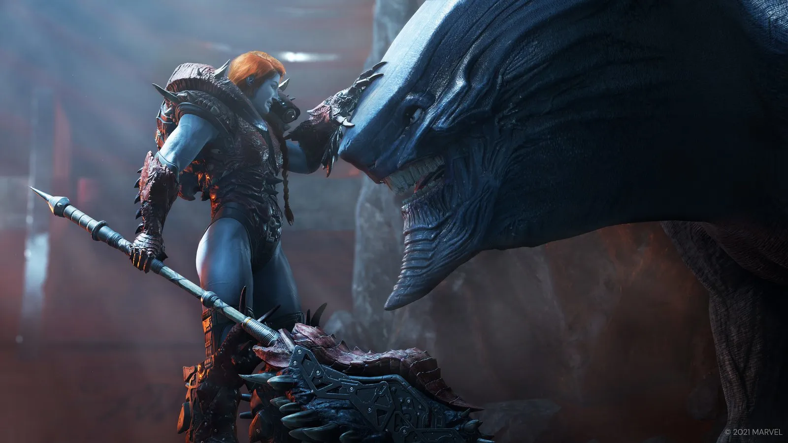 Star-Lord, con su lanza, se enfrenta a una criatura gigante de ojos azules en Marvel's Guardians of the Galaxy