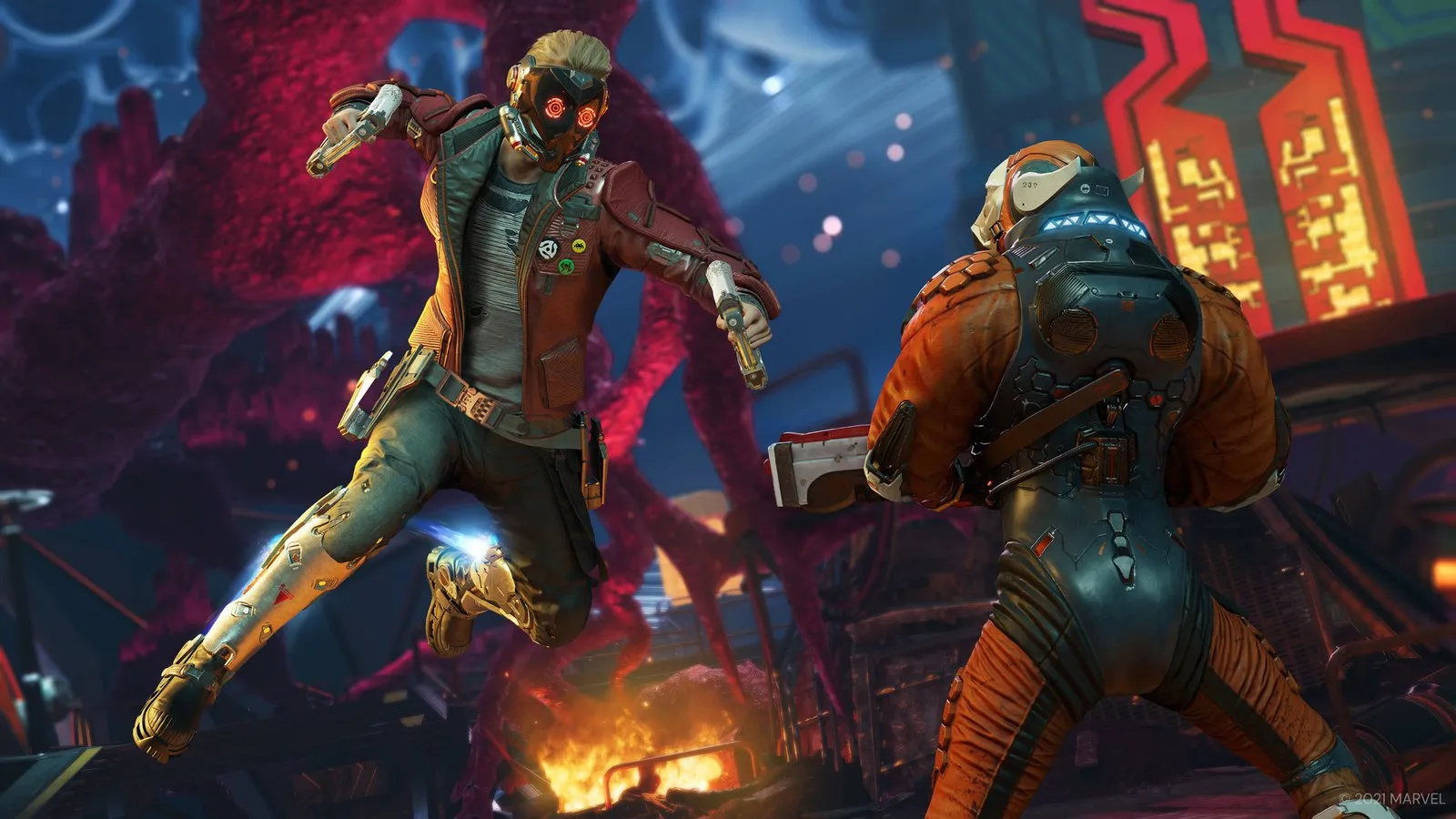 Star-Lord y Rocket disparan en pleno combate contra una criatura alienígena en Marvel's Guardians of the Galaxy