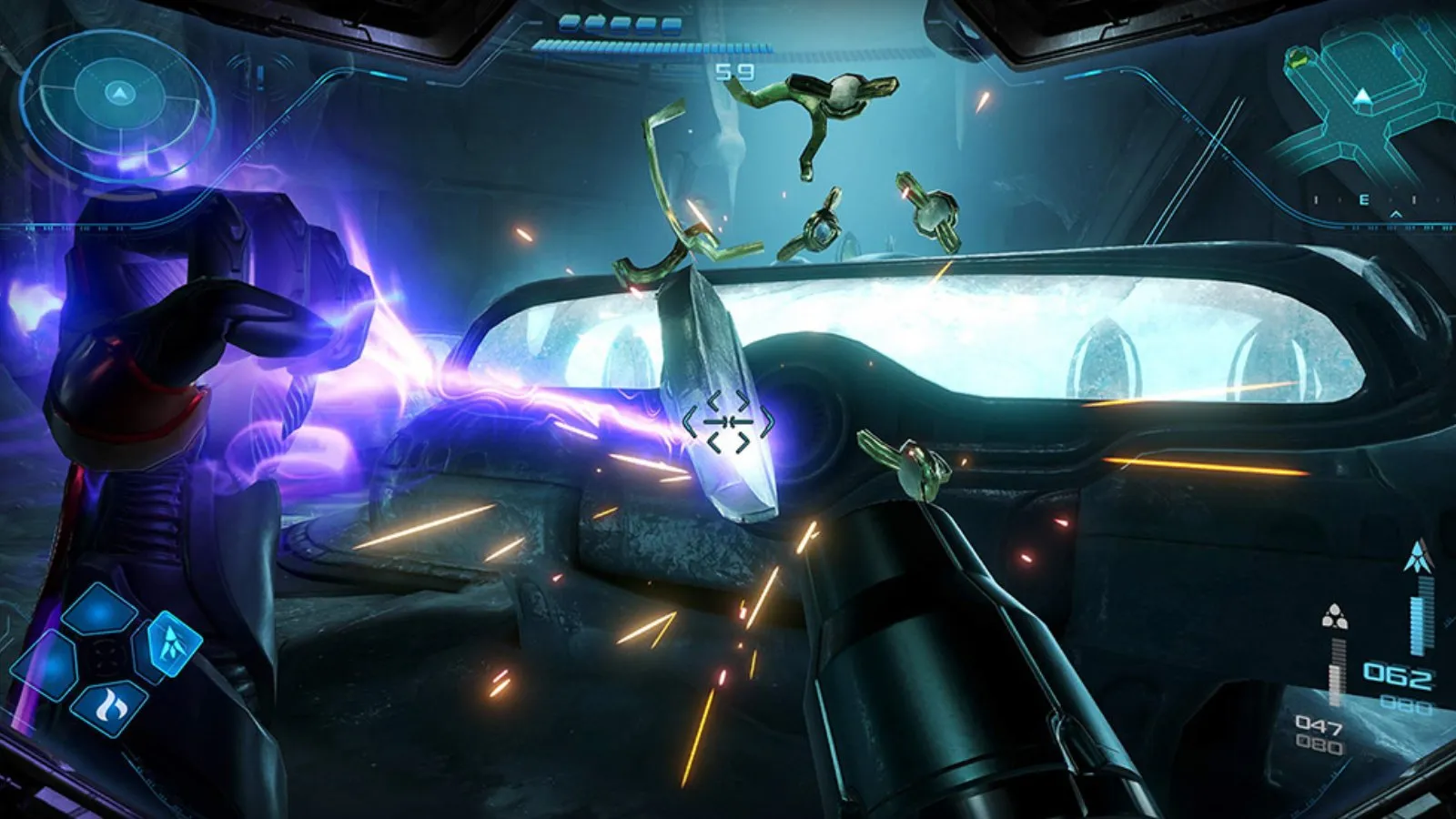 Vista desde la cabina del visor de Samus en pleno combate en Metroid Prime 4: Beyond