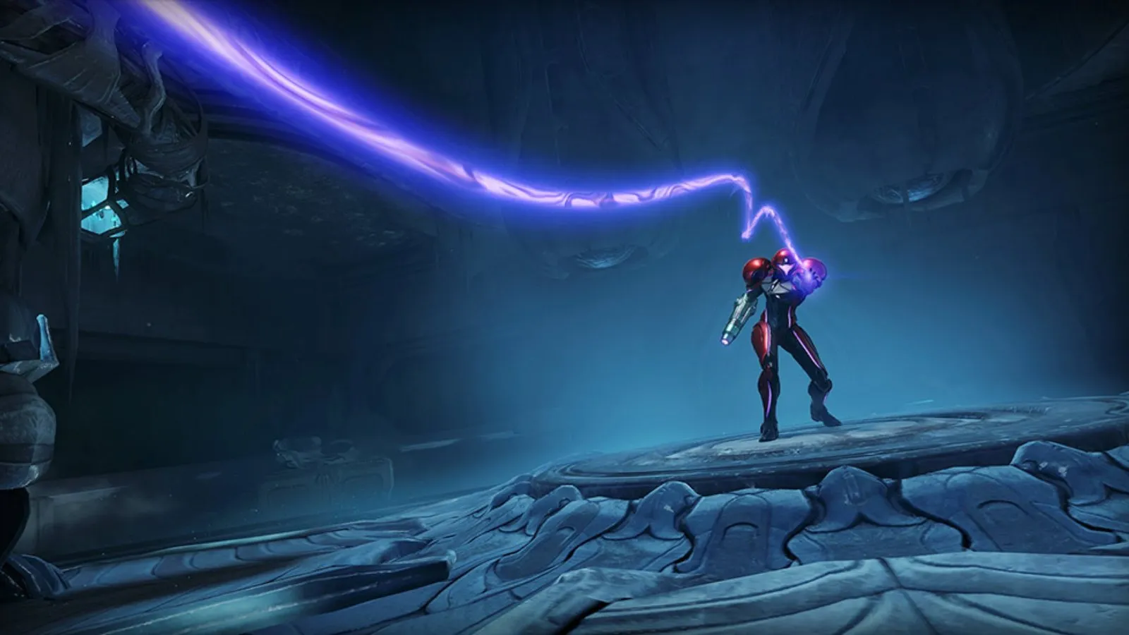Samus apunta con el cañón mientras un rayo psíquico recorre una cueva en Metroid Prime 4: Beyond