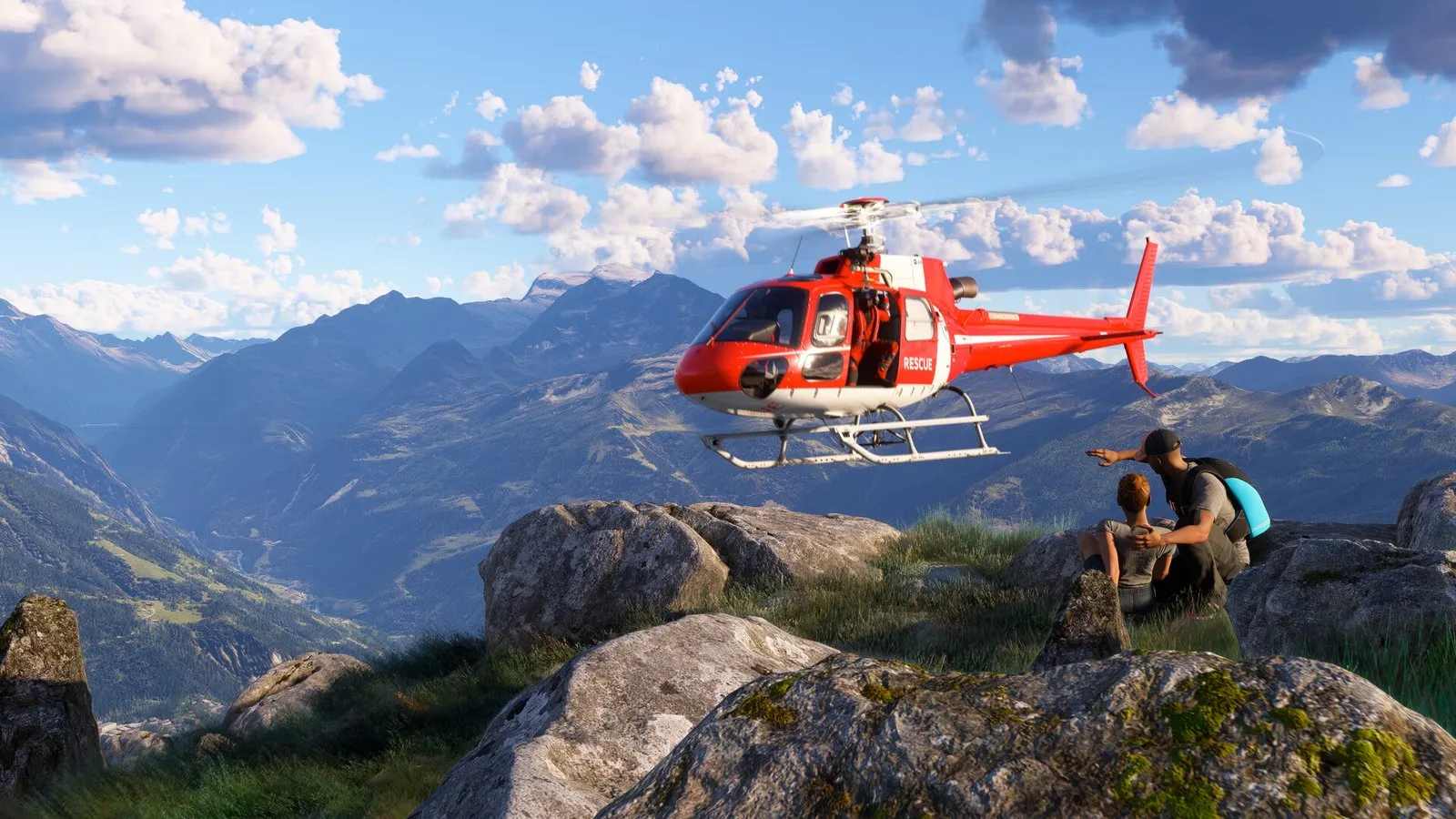 Un helicóptero de rescate rojo sobrevuela un valle de montaña en Microsoft Flight Simulator 2024