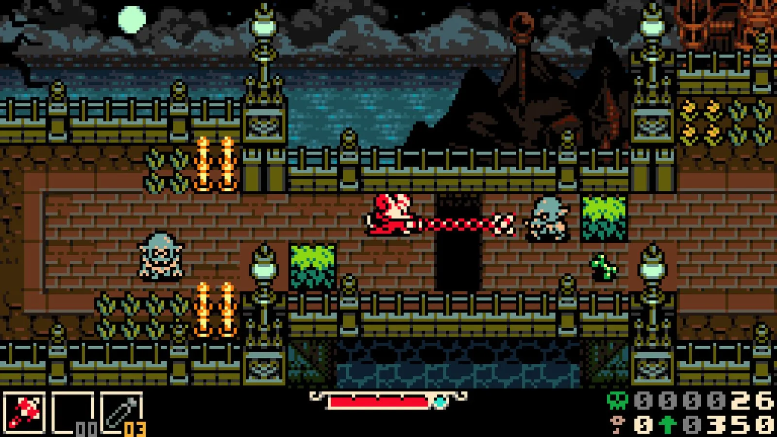 Mina, una ratona con farol, recorre un castillo de ladrillo en un escenario de estilo Game Boy Color en Mina the Hollower