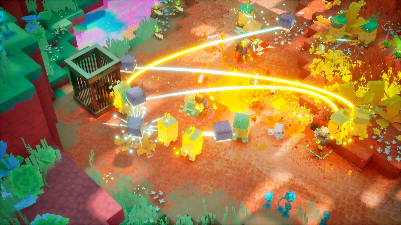 Un héroe lanza un ataque de fuego naranja en un bosque de bloques en Minecraft Dungeons II