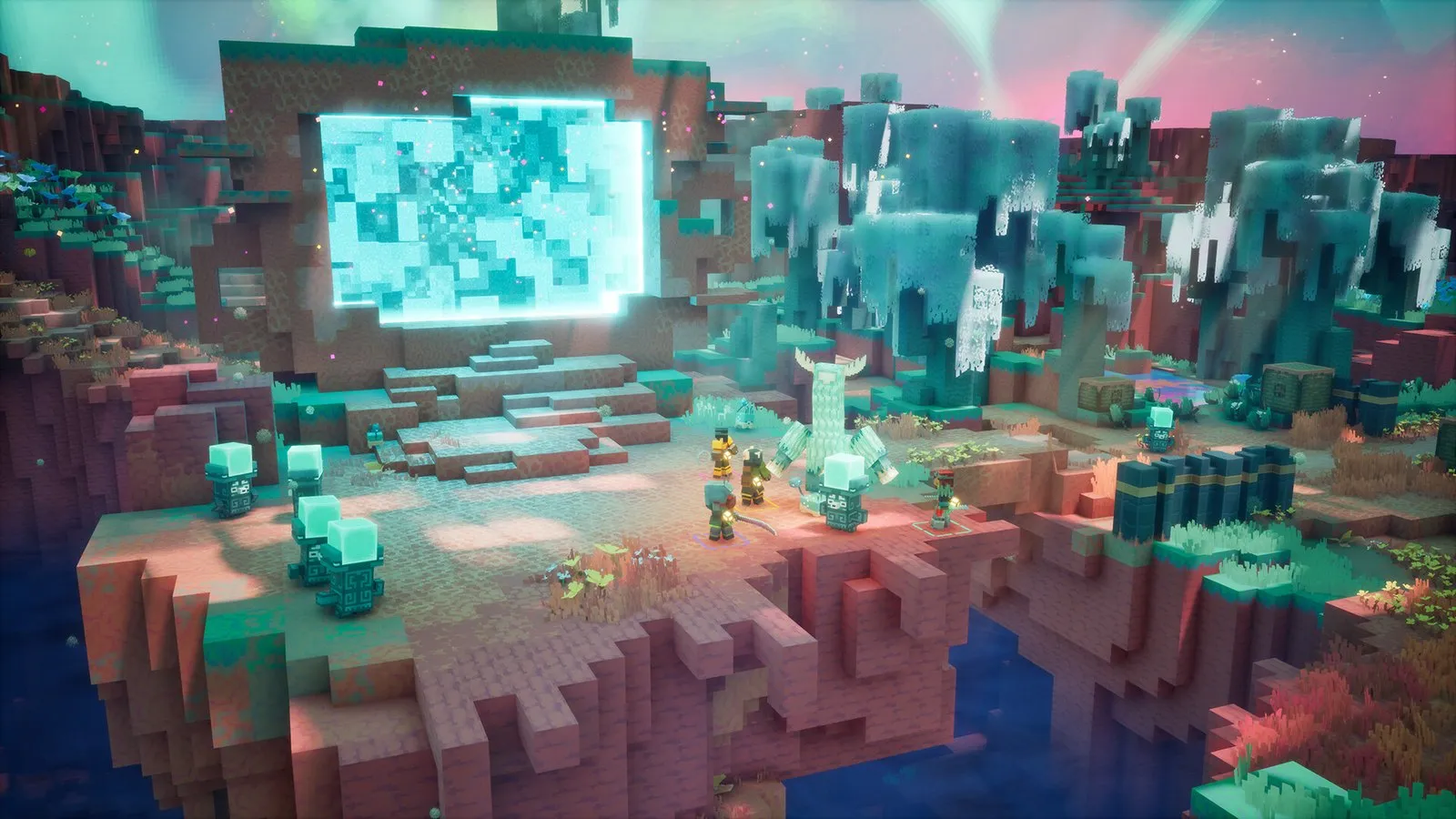 Una cueva de cristales turquesa con plataformas flotantes de bloques en Minecraft Dungeons II