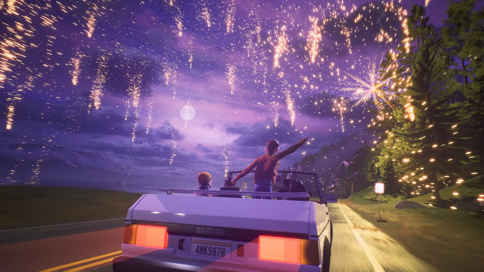 Un coche descapotable avanza bajo un cielo de fuegos artificiales en Mixtape