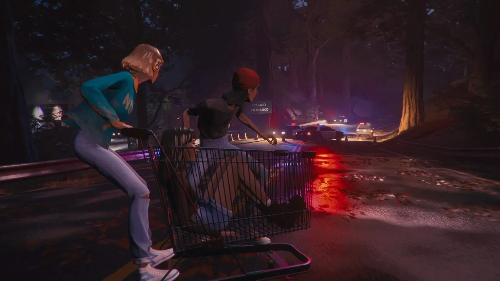 Los tres amigos empujan un carrito de supermercado por un aparcamiento de noche en Mixtape