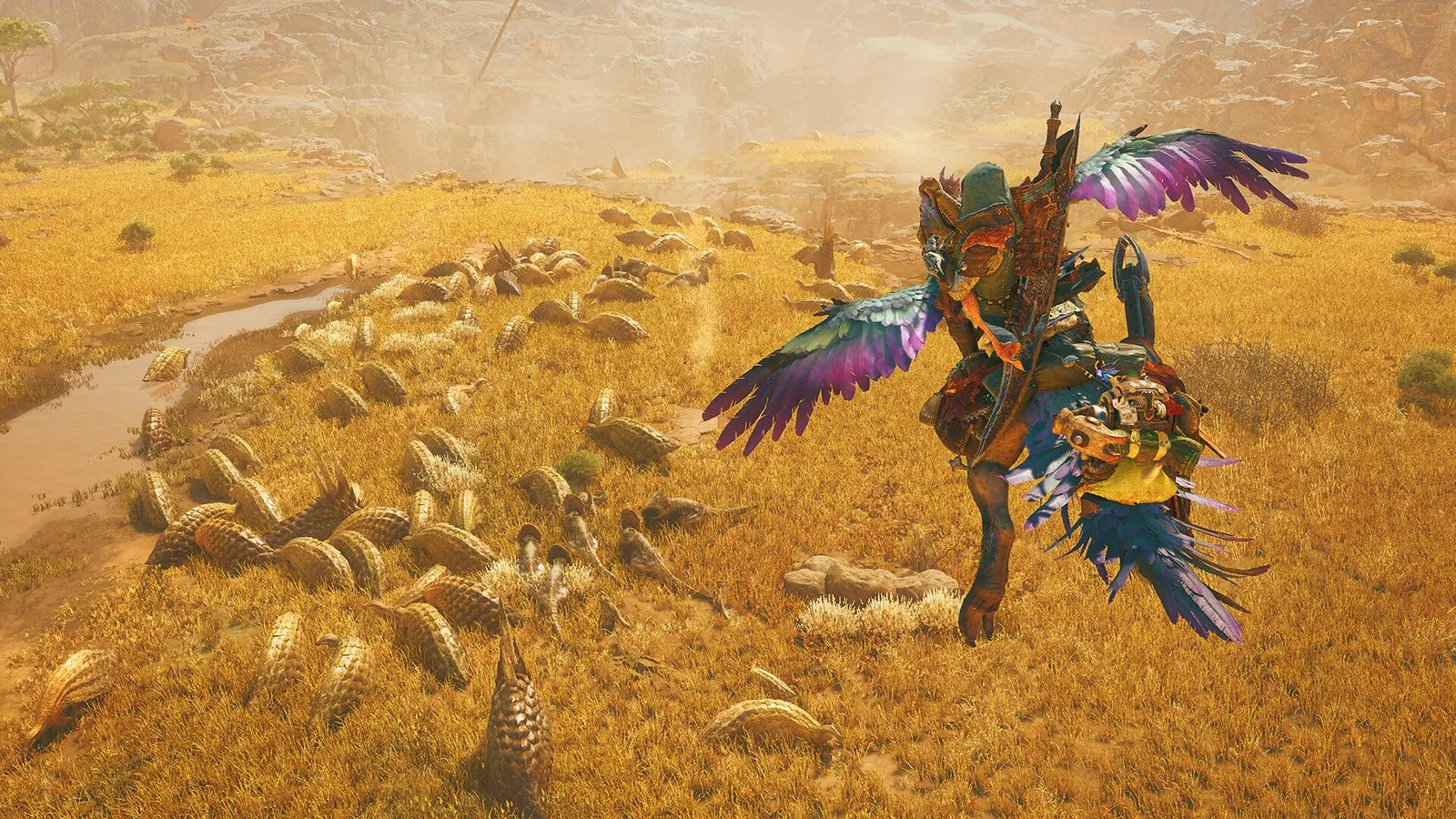 Un cazador sobrevuela una manada a lomos de su Seikret en Monster Hunter Wilds