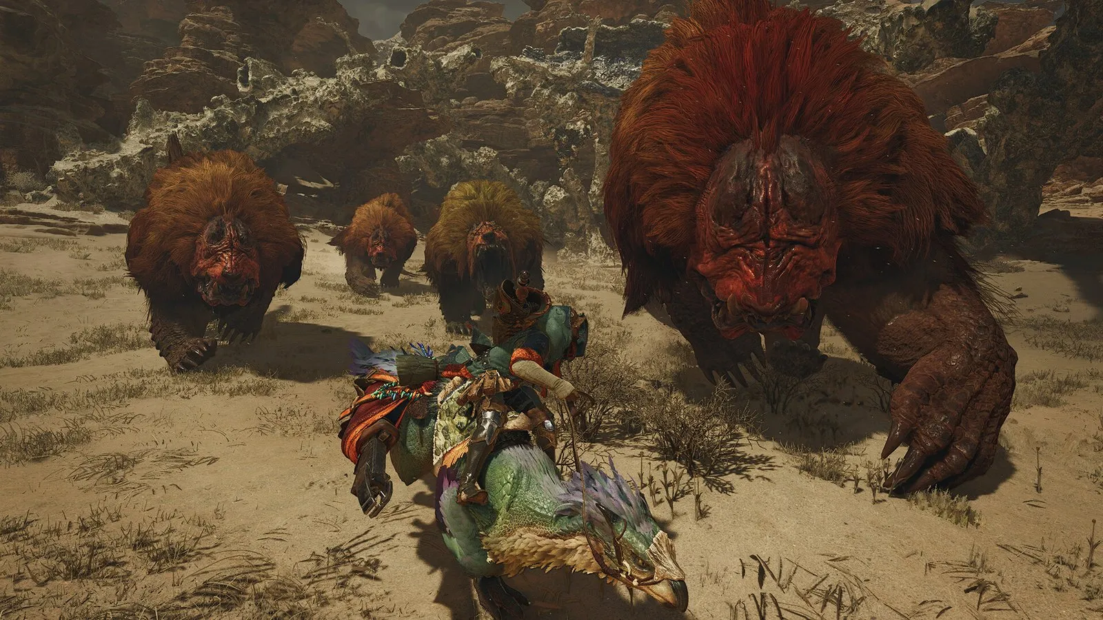 Varios Doshaguma cargan hacia un cazador en un cañón en Monster Hunter Wilds