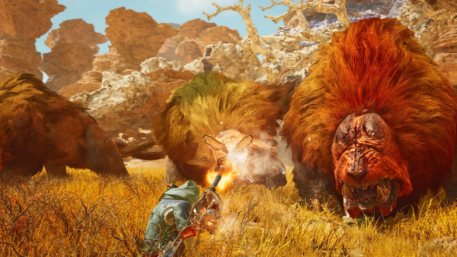 Un cazador se enfrenta a un Doshaguma en un desierto bajo un cielo naranja en Monster Hunter Wilds