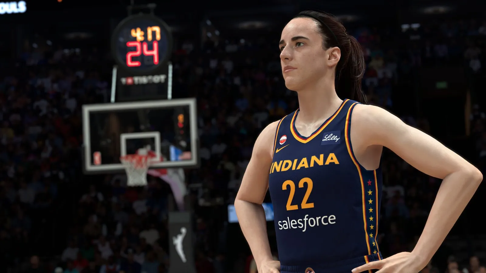 Caitlin Clark, con la camiseta de las Indiana Fever, en el parquet en NBA 2K27