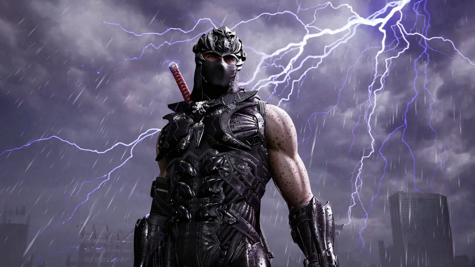 Ryu Hayabusa bajo la lluvia con relámpagos a su espalda en NINJA GAIDEN 4