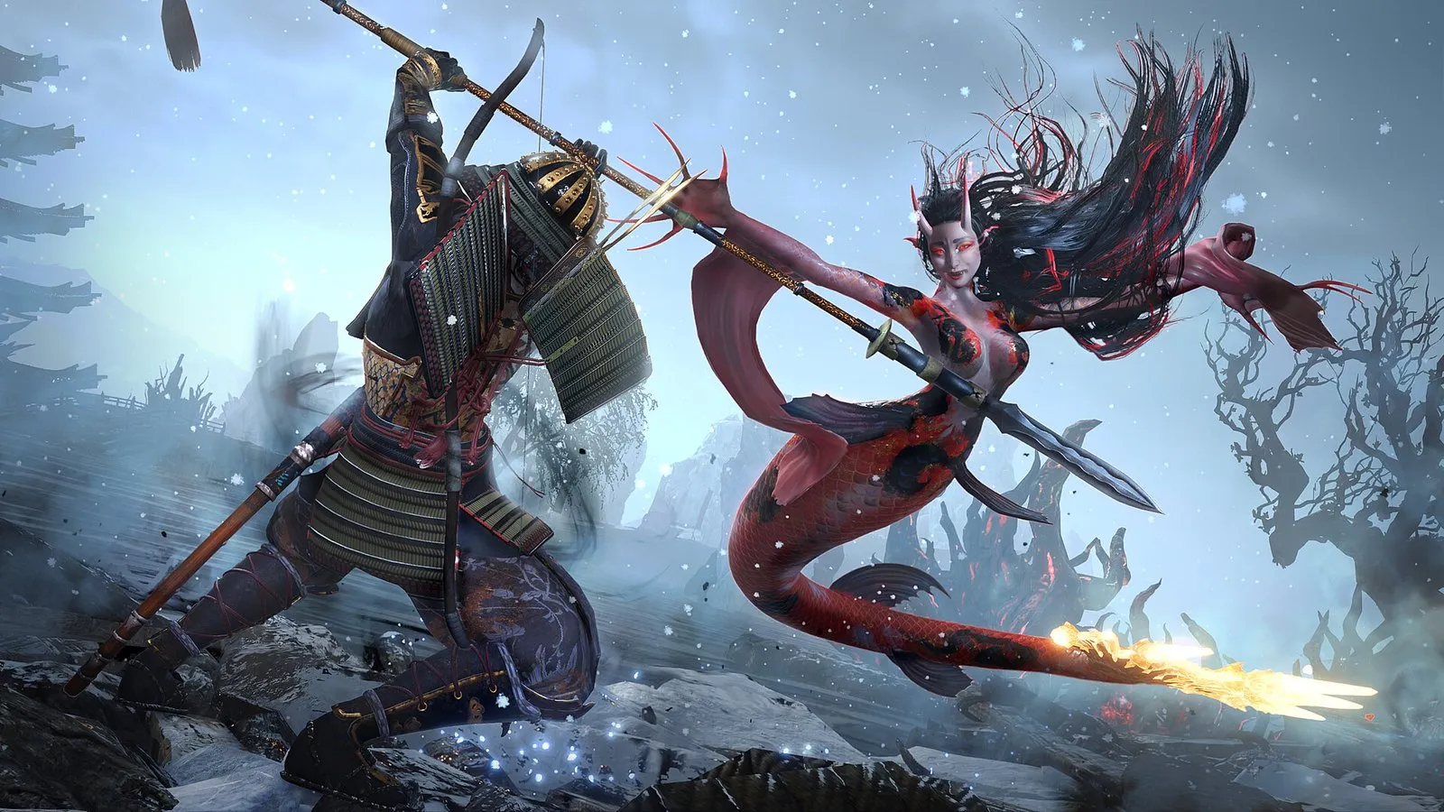 Un samurái con yelmo dorado y un ninja de rojo cruzan sus armas en la nieve en Nioh 3