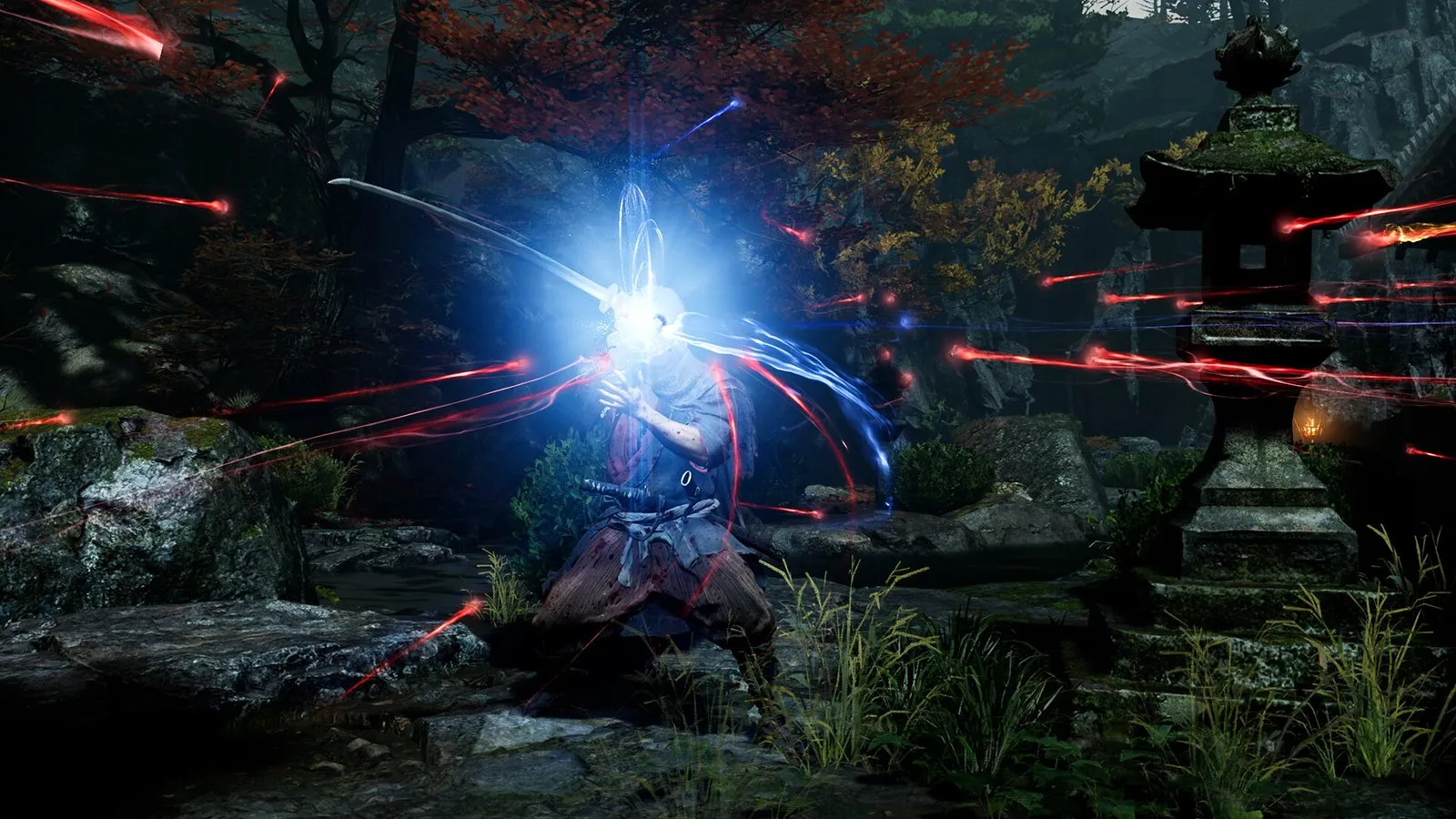 Musashi absorbe almas con el guantelete en un jardín en Onimusha: Way of the Sword