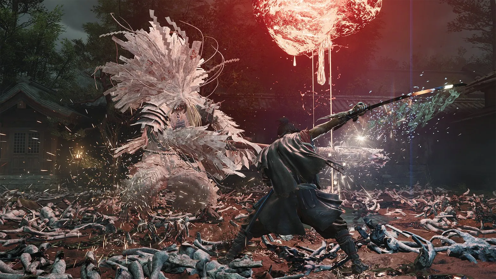 Musashi, catana en mano, sobre un suelo de flores blancas bajo una luna roja en Onimusha: Way of the Sword