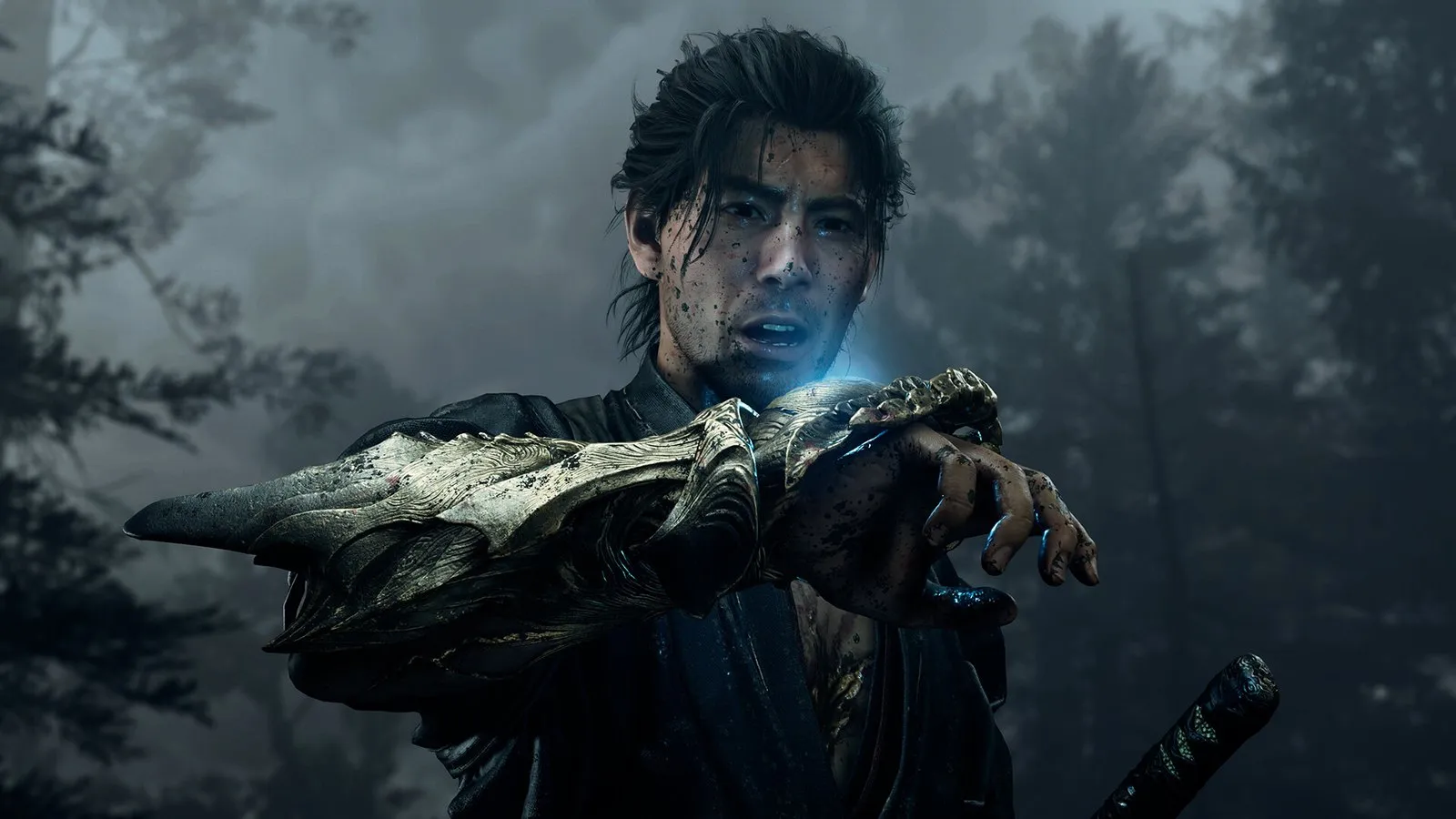 Miyamoto Musashi, con el guantelete Oni, extiende la mano en un paisaje nublado en Onimusha: Way of the Sword