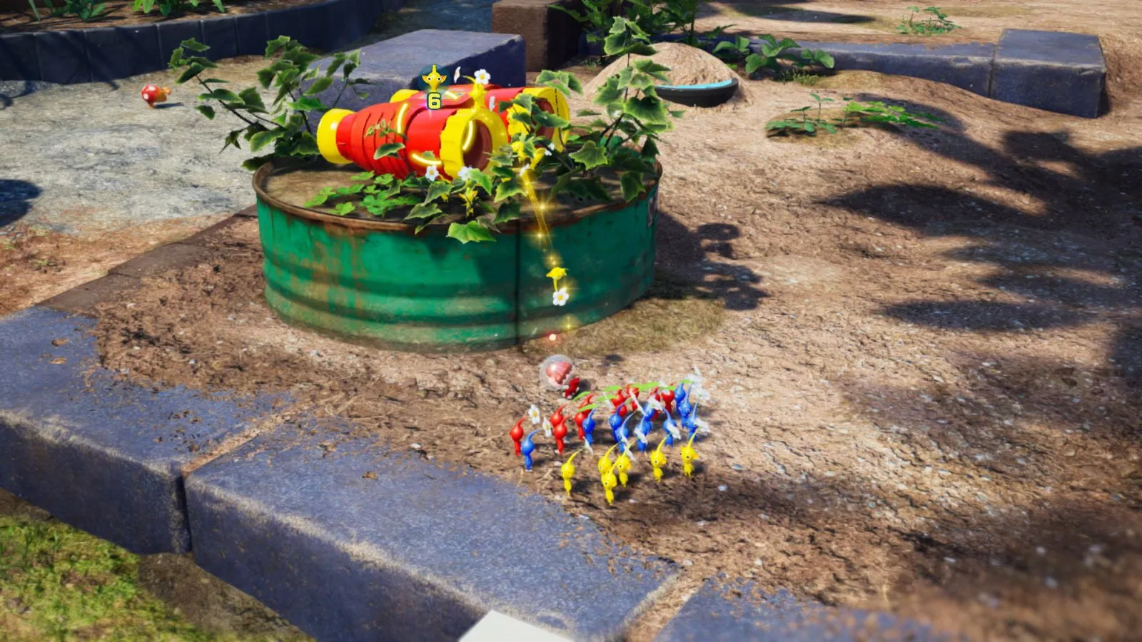 Varios Pikmin cargan con objetos por un jardín en Pikmin 4
