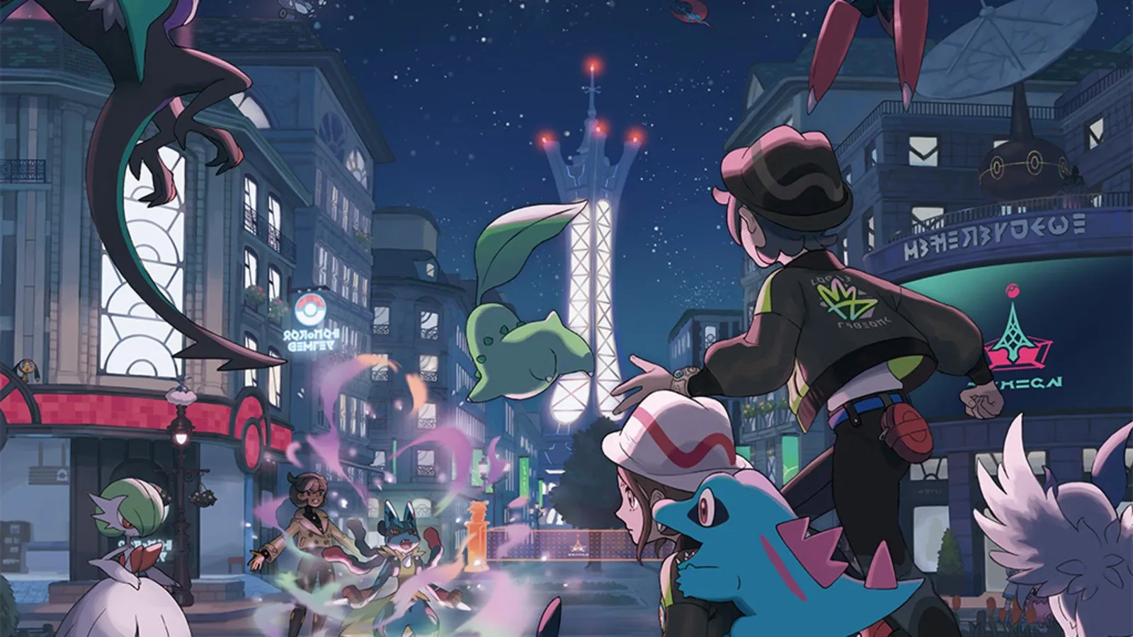 Varios entrenadores y Pokémon en un callejón nocturno de Luminalia en Leyendas Pokémon: Z-A